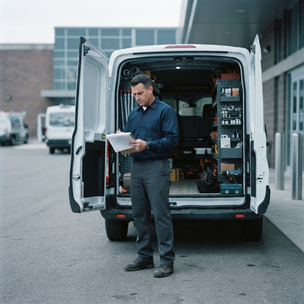 A field supervisor reviewing project documentation at a service vehicle