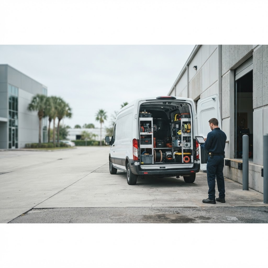 Field service technicians reviewing project details outside a commercial building
